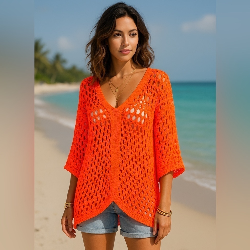 Cecile Wang Bright Orange Open Knit Crochet Cover Up Sweater One Size Italy